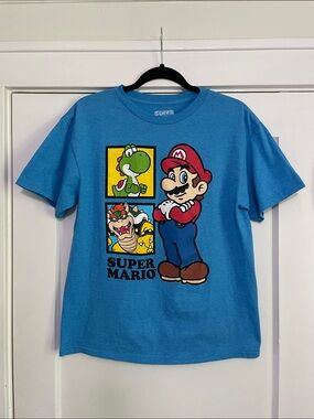 Super Mario Blue Graphic Tee with Mario, Yoshi & Bowser